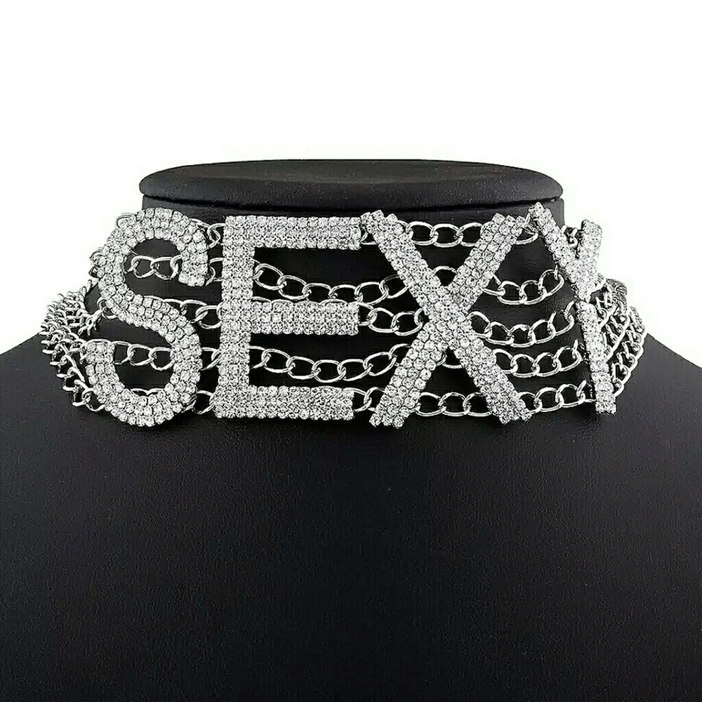 Sexy Word Rhinestone Chain Choker silver statement - Picture 4 of 5